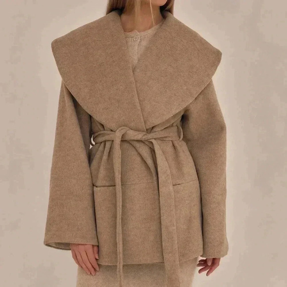 Khaki Elegant Women's Oversized Waterfall Collar Overcoat